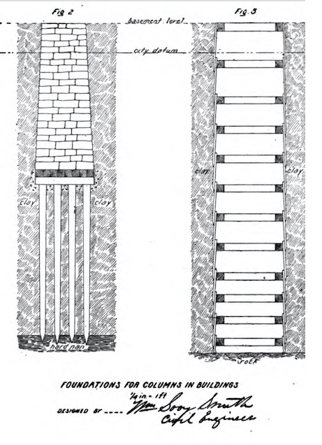 Alternatives to spread footings:  Wood PIles (left) and timber-framed well for concrete caisson (right).