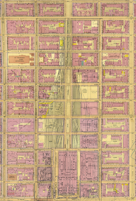 1915 Bromley Fire Insurance Map, overlaid on a diagram and map of Grand Central’s new track system from “Grand Central Development Seen as Great Civic Center,” Engineering News-Record 85, no. 11 (1920): 496-504.