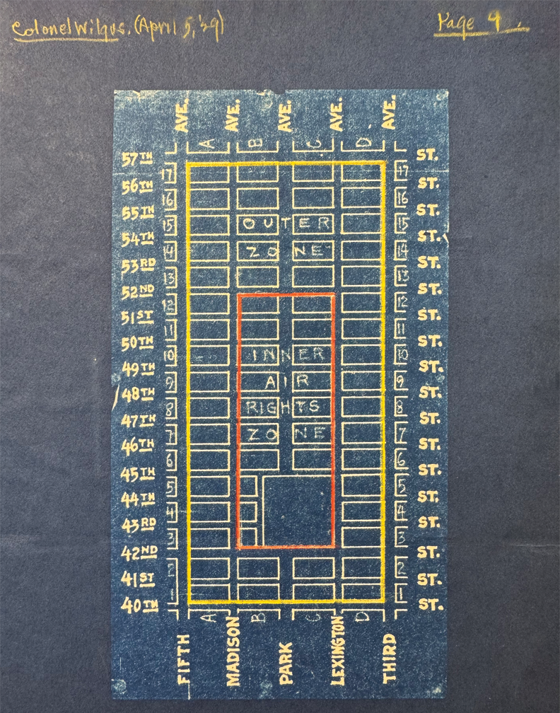 Map of the inner and outer air rights zones of Terminal City, blueprint by William Wilgus, courtesy of the New York Public Library.