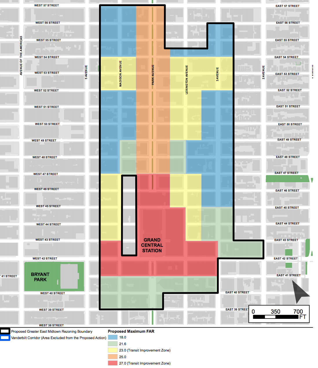 East Midtown zoning map showing proposed maximum FARs by the NYC Department of City Planning, courtesy of YIMBY.