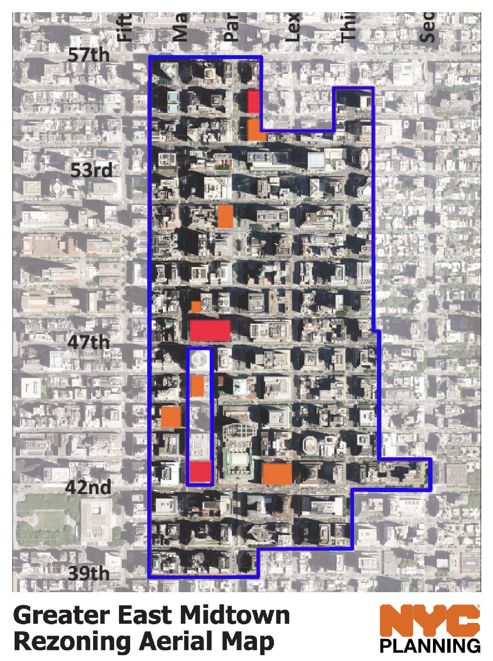 East Midtown Rezoning map courtesy of the NYC Department of City Planning. Current development sites denoted in red and orange by the Museum. 