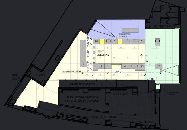 Floor plan of the exhibition showing the location of different spaces and the narrative path throughout the gallery space. Key sections include "Columns of Light"